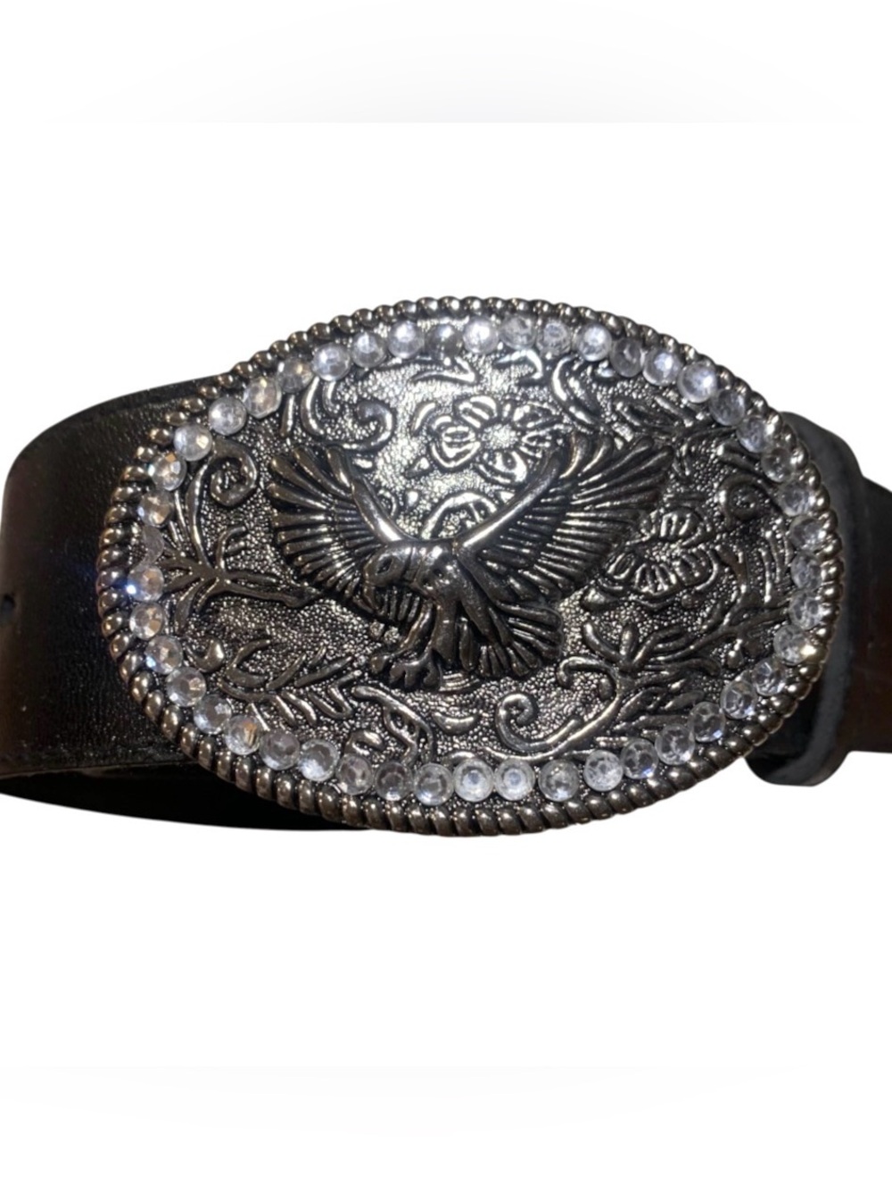 Black Belt Faux Leather Oval Silver Tone Metal Buckle Eagle Motif Western Cowboy